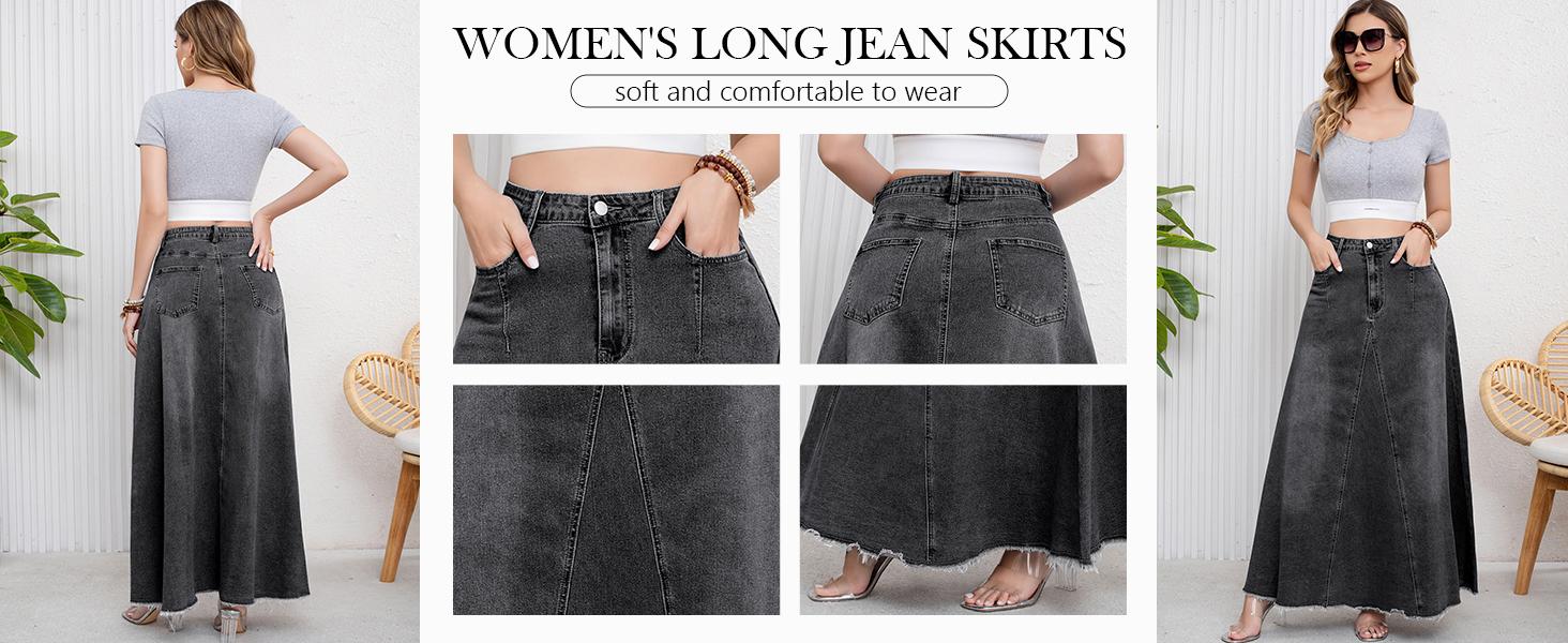 Ebossy Women's Retro Distressed High Waist Frayed Hem A Line Wash Maxi Long Denim Skirt with Pockets & Tassels for Casual & Party Wear Ebossy Women's Retro Distressed High Waist Frayed Hem A Line Wash Maxi Long Denim Skirt with Pockets & Tassels for Casual & Party Wear