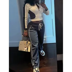 Two-piece Women's Striped Zipper High Waist Drawstring Pants Set