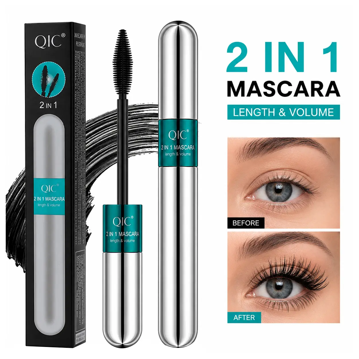 1-Piece 2 In 1 Waterproof Mascara Lashes, Clump-Free, Non-Toxic, Enhancing Mascara, All-Day Wear Eye Makeup Essential for Party Bags & Festive Gift Supplies, Non Toxic Mascara, Lengthening