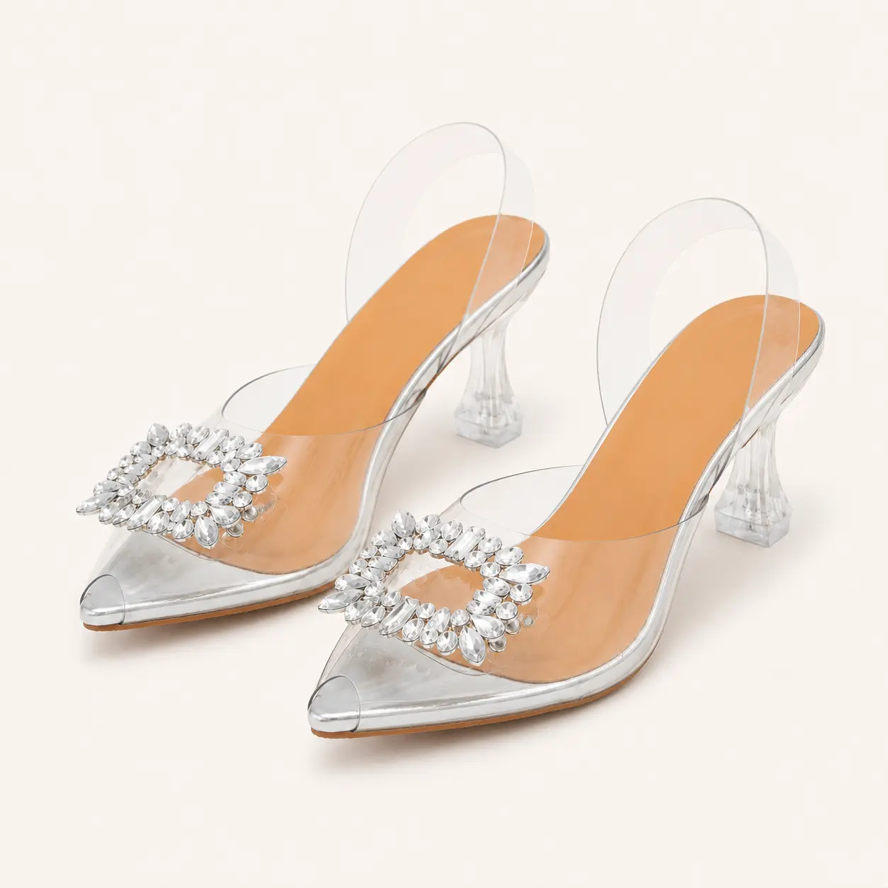 Geeyea Women's  Clear Rhinestone Mule Heels, Pointed Toe Slip-On High Heel Sandals with Transparent PVC Upper, Crystal Ornament & PVC Sole, Elegant Party, Wedding, Date Night & Spring Summer Shoes