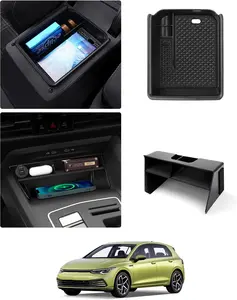 Canvcle 2PCS Center Console Organizer Tray for 2022-2025 VW Volkswagen Golf GTI R MK8 Accessories Middle Console Tray Armrest Storage Box with Non-Slip Silicone Mat