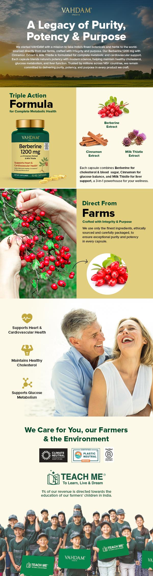 VAHDAM Berberine Extract Capsules 1200 mg with Cinnamon and Milk Thistle Extract | Helps Maintain Healthy Cholesterol and Glucose Metabolism | 90 Veg Capsules