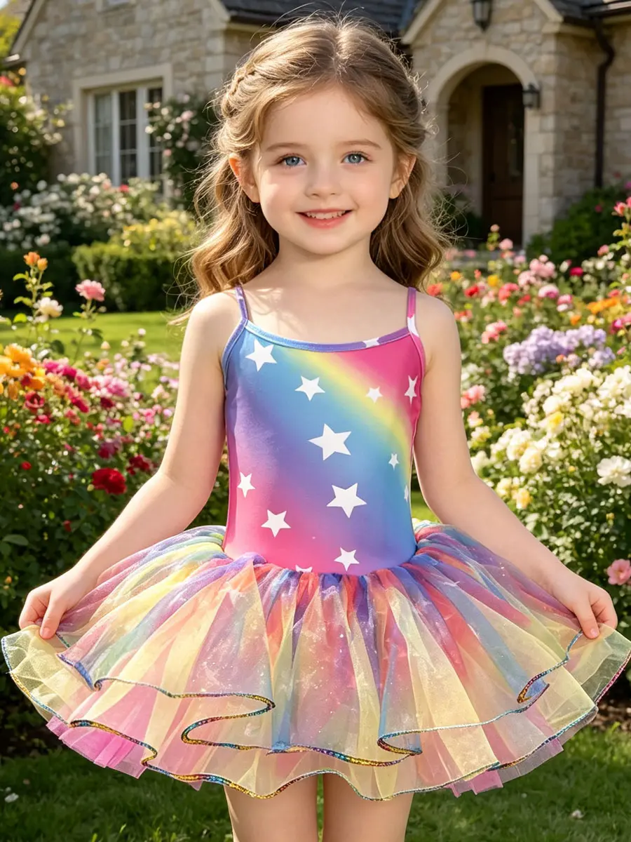 Little Girls Thin Spaghetti Strap Rainbow Star Ballet Tutu Dress Leotard Gradient Glitter Rainbow Tulle Skirt Kids Gymnastics Recital Fairy Dance Costume Toddler Training Outfit