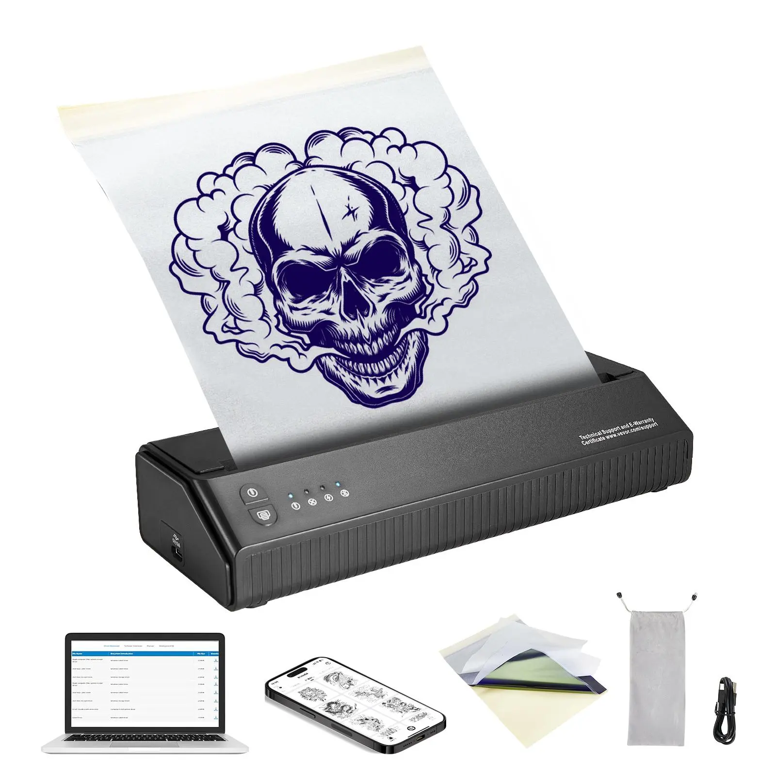 【Summerfinds】VEVOR Tattoo Transfer Stencil Printer Wireless Bluetooth Tattoo Stencil Printer Machine with 10Pcs Transfer Paper and Cloth BagPortable Tattoo Printer for Android and iOS PhoneiPad and PC