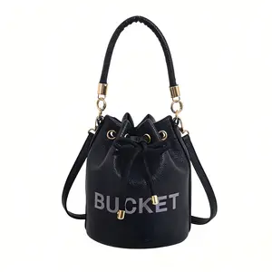 women's large-capacity handbag solid color letter printcrossbody bag drawstring pleated bucket bag