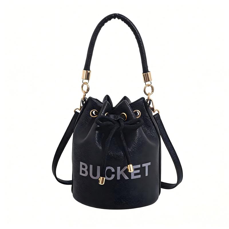 women's large-capacity handbag solid color letter printcrossbody bag drawstring pleated bucket bag