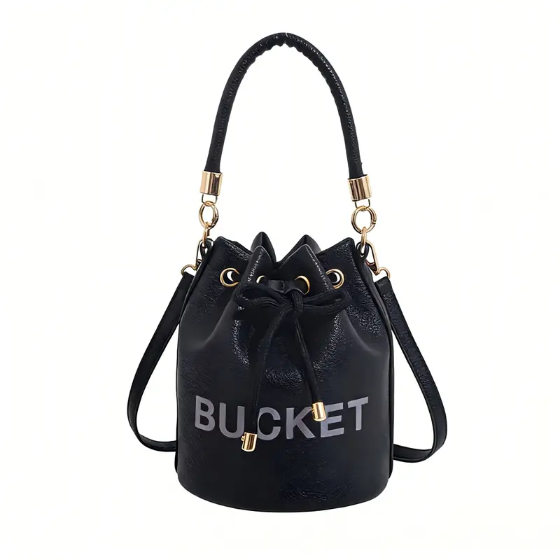 women's large-capacity handbag solid color letter printcrossbody bag drawstring pleated bucket bag