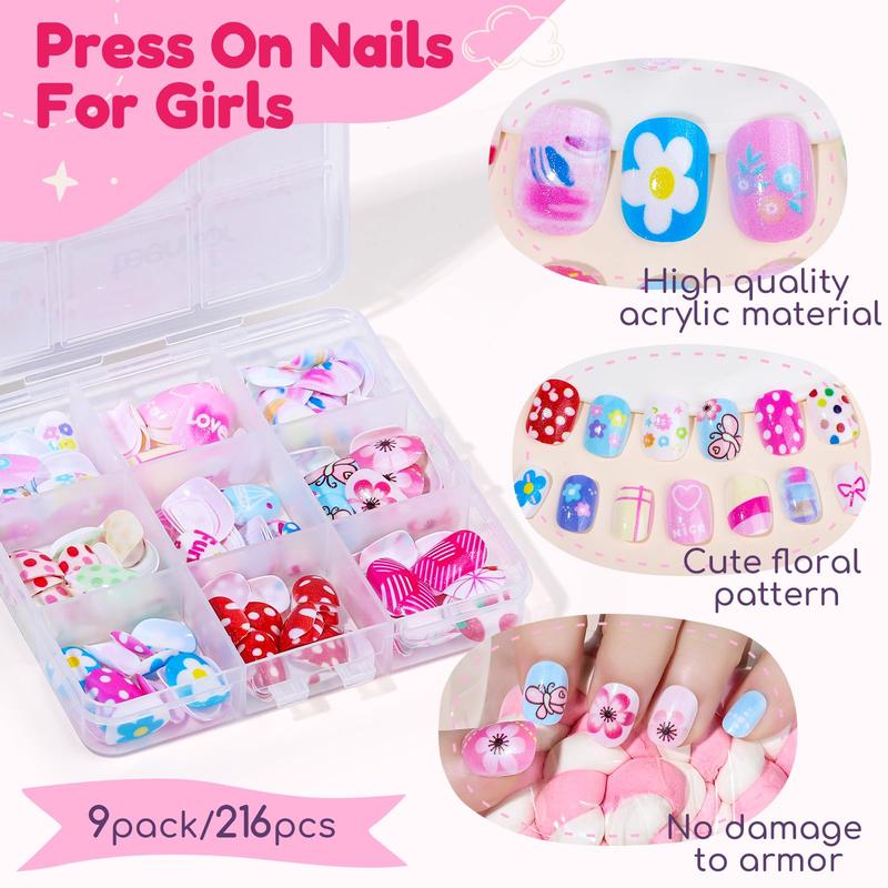 216pcs Press on Nails for Girls, 9 Colors 10 Sizes Press On Nails for Kids Fake Nails Little Girl Nails, Short Acrylic Nails with Nail Adhesive Tabs, Nail File Buffer