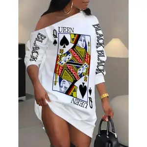 U88 Fashion Makeup Long Sleeve Slant Shoulder Queen Poker Print Dress for Fall & Spring, sundress corporate girl fired office siren outfit Gamis