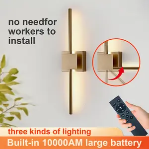 Battery Operated Wall Sconce with Remote Control, Gold Modern Wireless Rotation Picture Light, 3000K-6000K Dimmable LED Rechargeable Wall Light for Living Room Bedroom Hallway