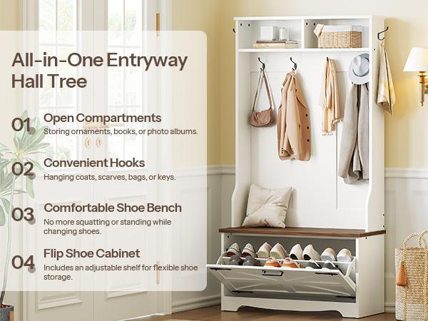 HOOBRO Hall Tree with Bench, Entryway Bench with Coat Rack and Shoe Cabinet, Flip Drawers, Farmhouse Hall Tree with Shoe Organizer, Mud Room, White and Walnut HOOBRO Hall Tree with Bench, Entryway Bench with Coat Rack and Shoe Cabinet, Flip Drawers, Farmhouse Hall Tree with Shoe Organizer, Mud Room, White and Walnut