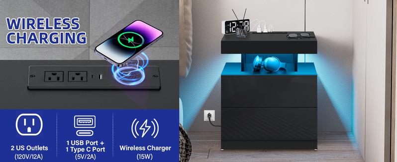 HOMMPA LED Nightstand with Wireless Charging Station & USB Ports, Modern Bedside Table, Black Night Stand with Open Compartment, Smart Nightstand High Gloss Surface for Bedroom