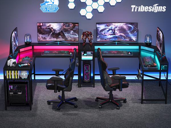 Tribesigns 63" Large Gaming Desk - Multifunctional Computer Workstation with Power Outlets & RGB LED Lighting for Home Office, Game Room