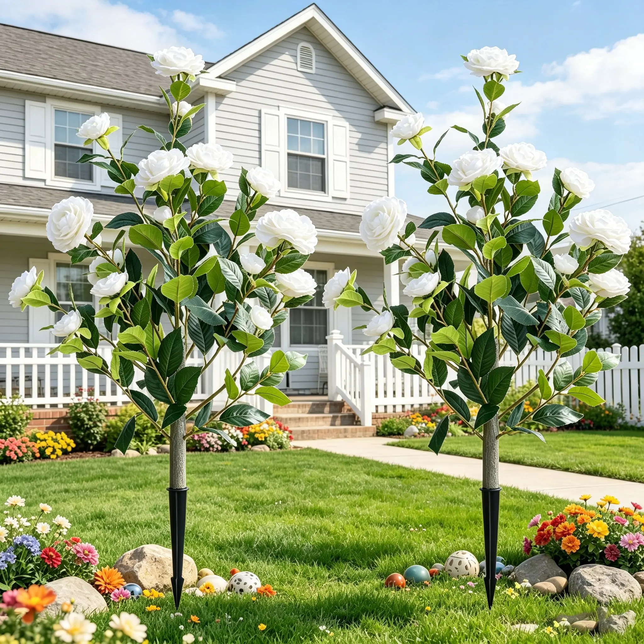 2-Pack Silk Decorative Realistic Blooms White Camellia Faux Bush Picks with Plastic Ground Stakes, Lightweight Weatherproof UV-Protected Waterproof Farmhouse Landscape Grave Decor Wedding Supplies.