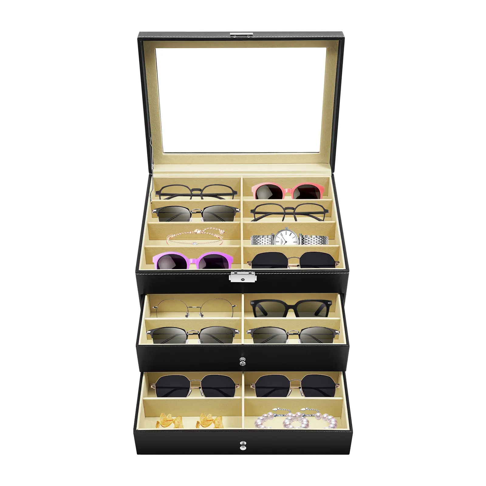 3-Tier Rectangle 24-Compartment Eyeglasses Display Case with Glass Lid, Lock, Smooth PU Leather, Lint-Resistant Drawer, Lightweight Dustproof Organizer - Home Storage Box for Sunglasses, Optical Shop Use, With Compartments