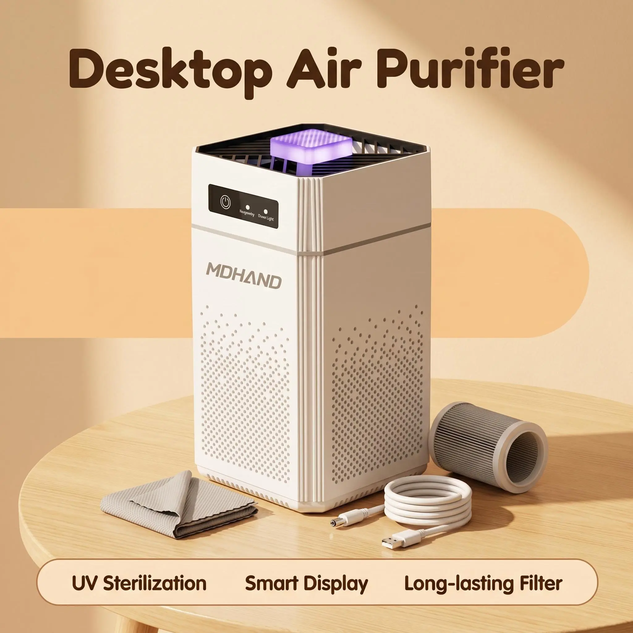 【Back To School Gift】MDHAND Desktop Portable Air Purifier for Home Office, HEPA Filter, UV Sterilization, Smart Touch Control, Quiet Sleep Mode, Extra Replacement Filter, USB Cable Included