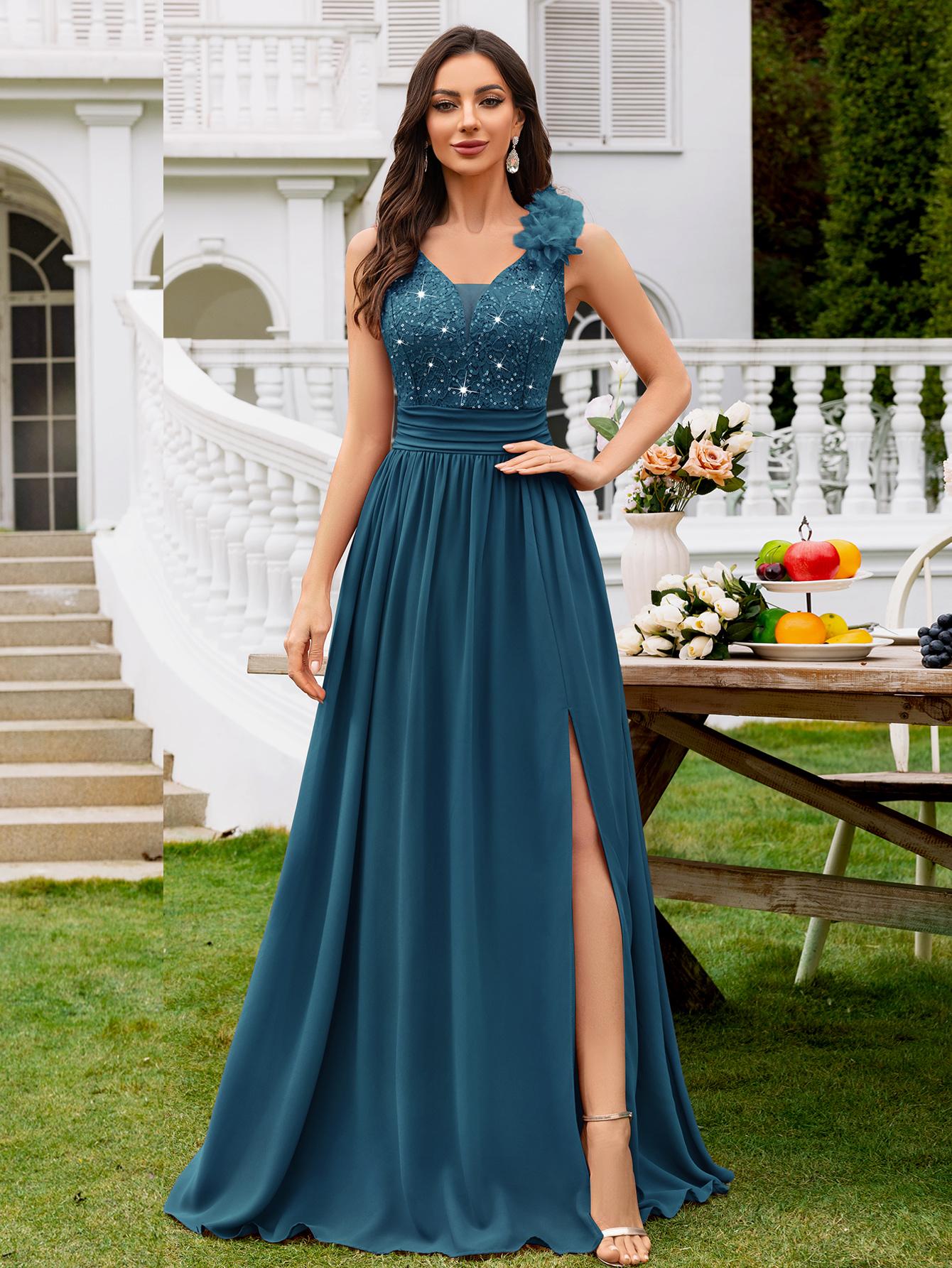 MIUSOL 24451A Women's Elegant Deep V-Neck Sequin Lace Chiffon Maxi Dress Mint Green Sleeveless Ruched Split Thigh Formal Evening Ball Gown for Wedding Guest Prom Graduation Bridesmaid Bridal Cocktail Party Events