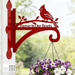 Cardinal Memorial Plant Hanger Hook for Outdoor Indoor Hanging Plants, Lanterns, Bird Feeders, Wind Chimes - 8.3"x9.8" Rust-Resistant Metal Wall Bracket with Forever in Our Hearts Design