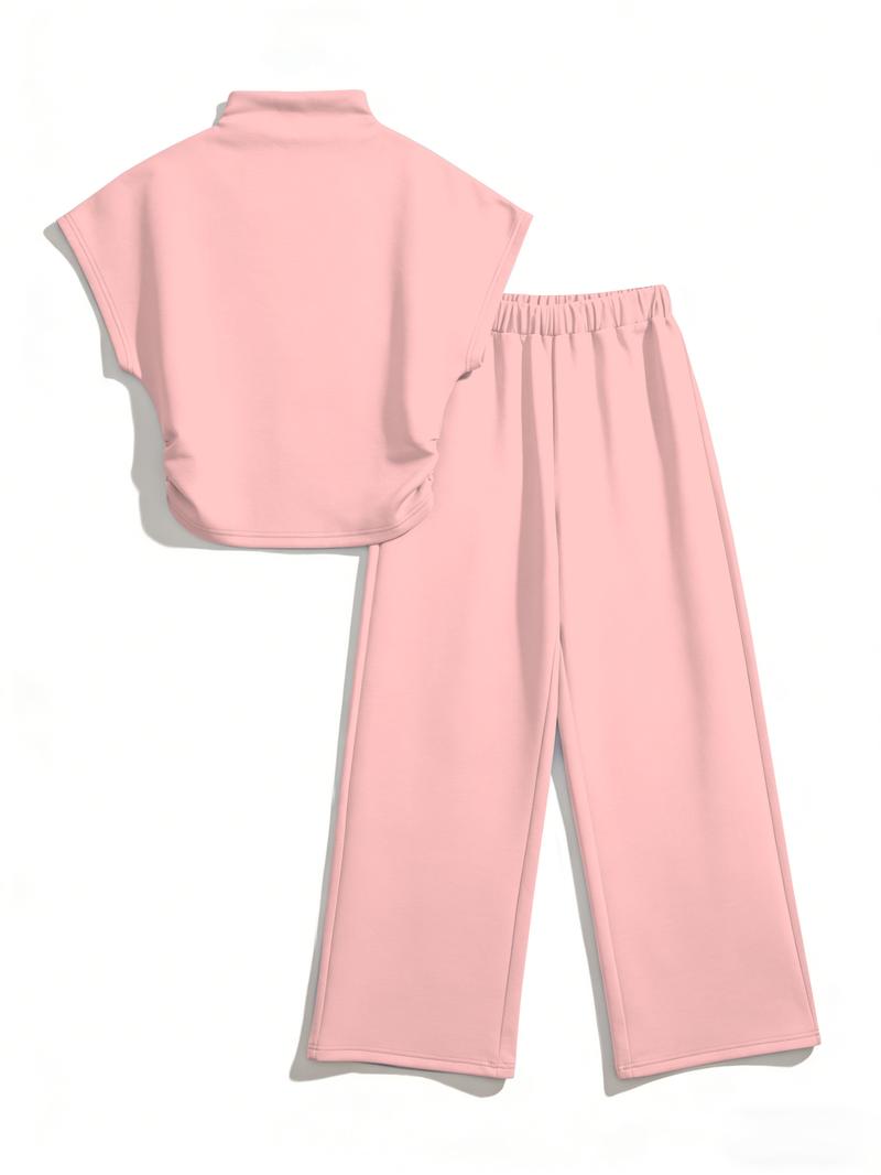 USBoutique Chic [Upgraded fabric] Women Summer Lightweight And Silky Soft Set Two Piece Casual Set Short Sleeved Semi High Neck Loose Top Wide Leg Pants Set