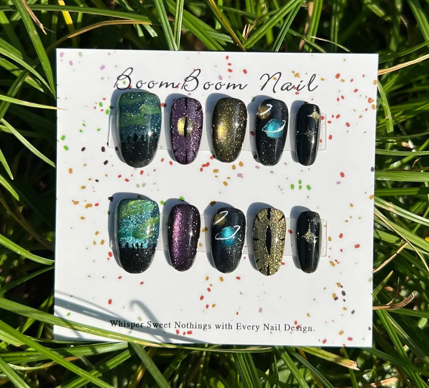 Northern lights nails/Colorful planet press ons/Galaxy gel nails/Aurora fake nails/Purple yellow cat eye acrylic nails/Stars manicure/Black