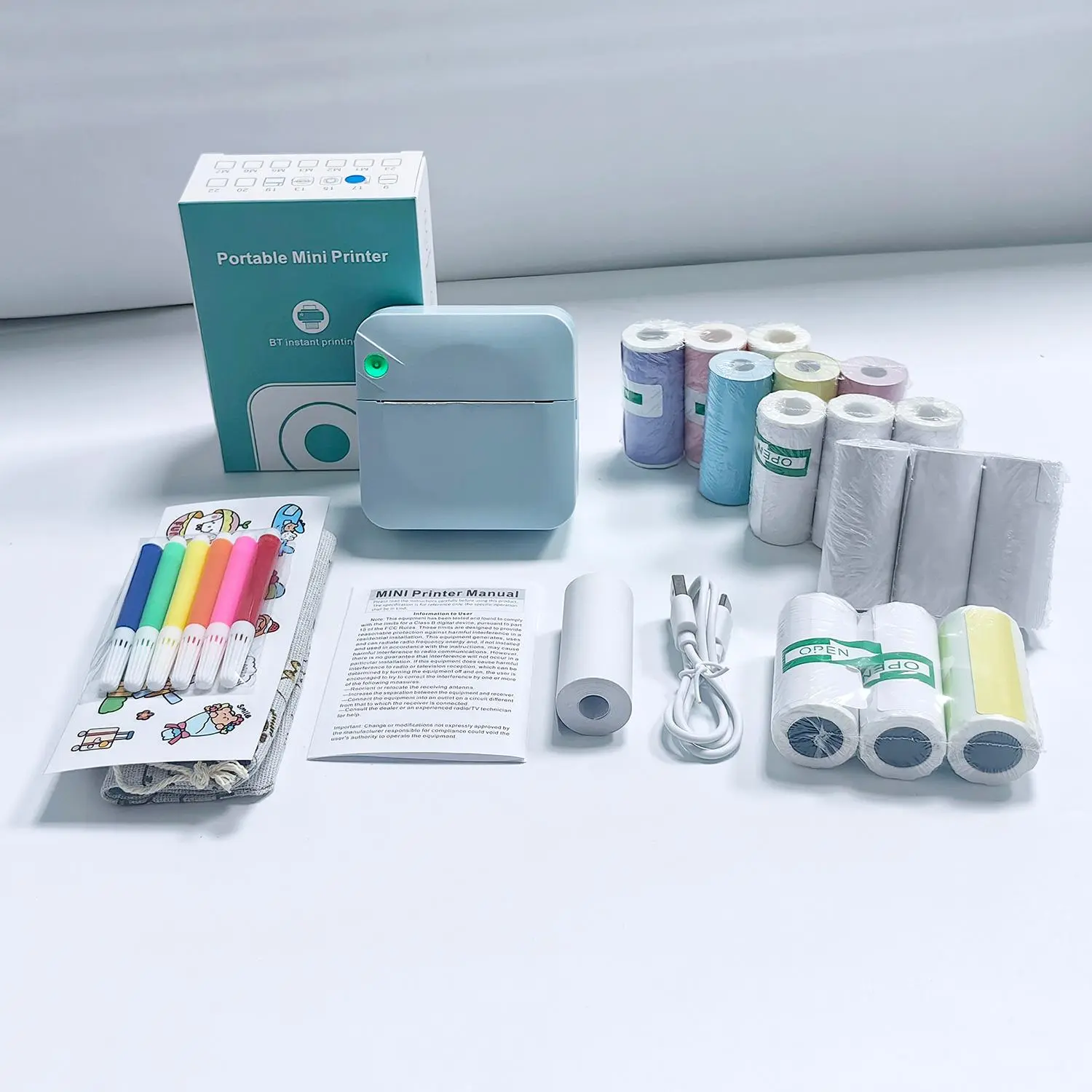 Portable Mini Printer, 1 Set USB Rechargeable Wireless Thermal Inkless Label Printer with Print Paper, Portable Photo Printer for Home Office School, Thermal Label Maker