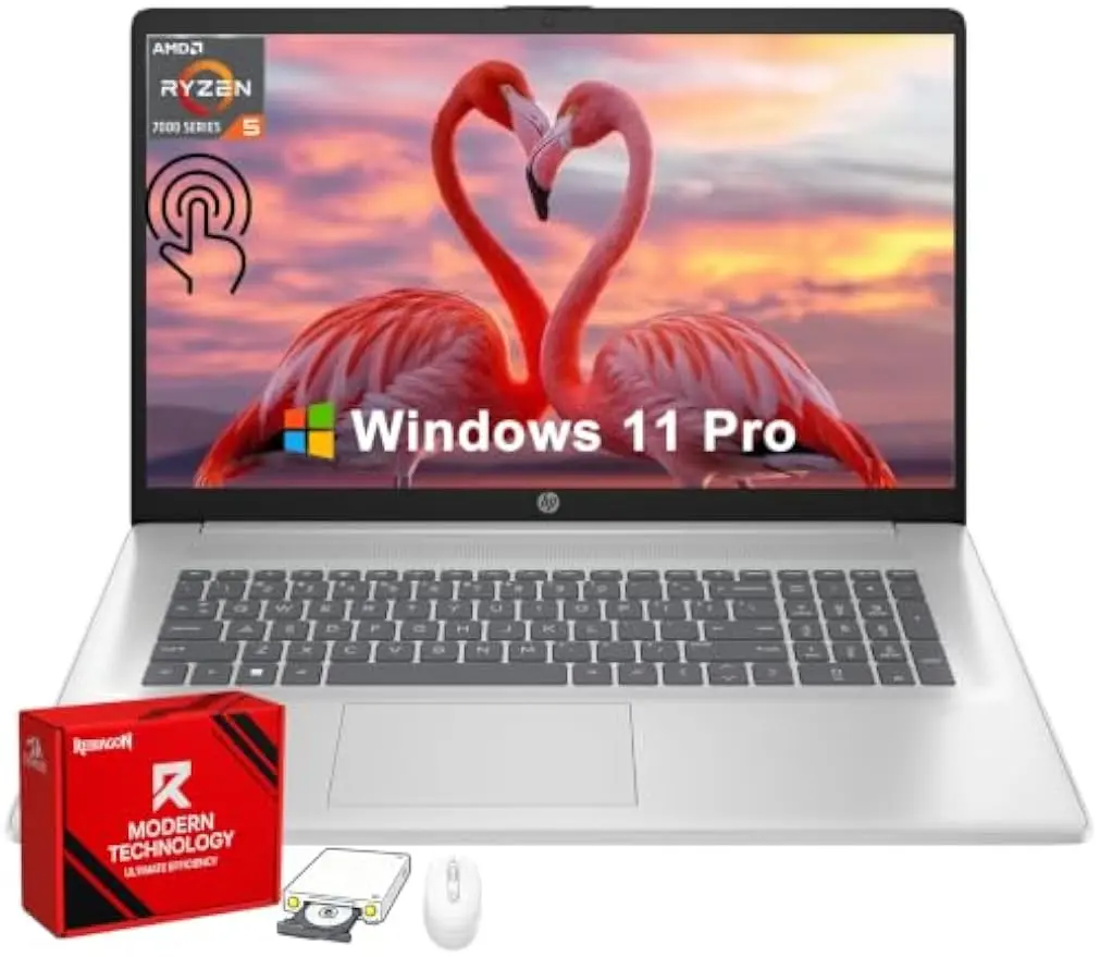 HP 17.3" Touchscreen Laptop, 16/32/64 GB RAM, 1/2 TB SSD, AMD Ryzen 5 7430U CPU | Fast Charge, AI Copilot Key, HDMI, Wi-Fi 6, Large Display, Windows 11 Pro Computer for Business & Home w/Accessories