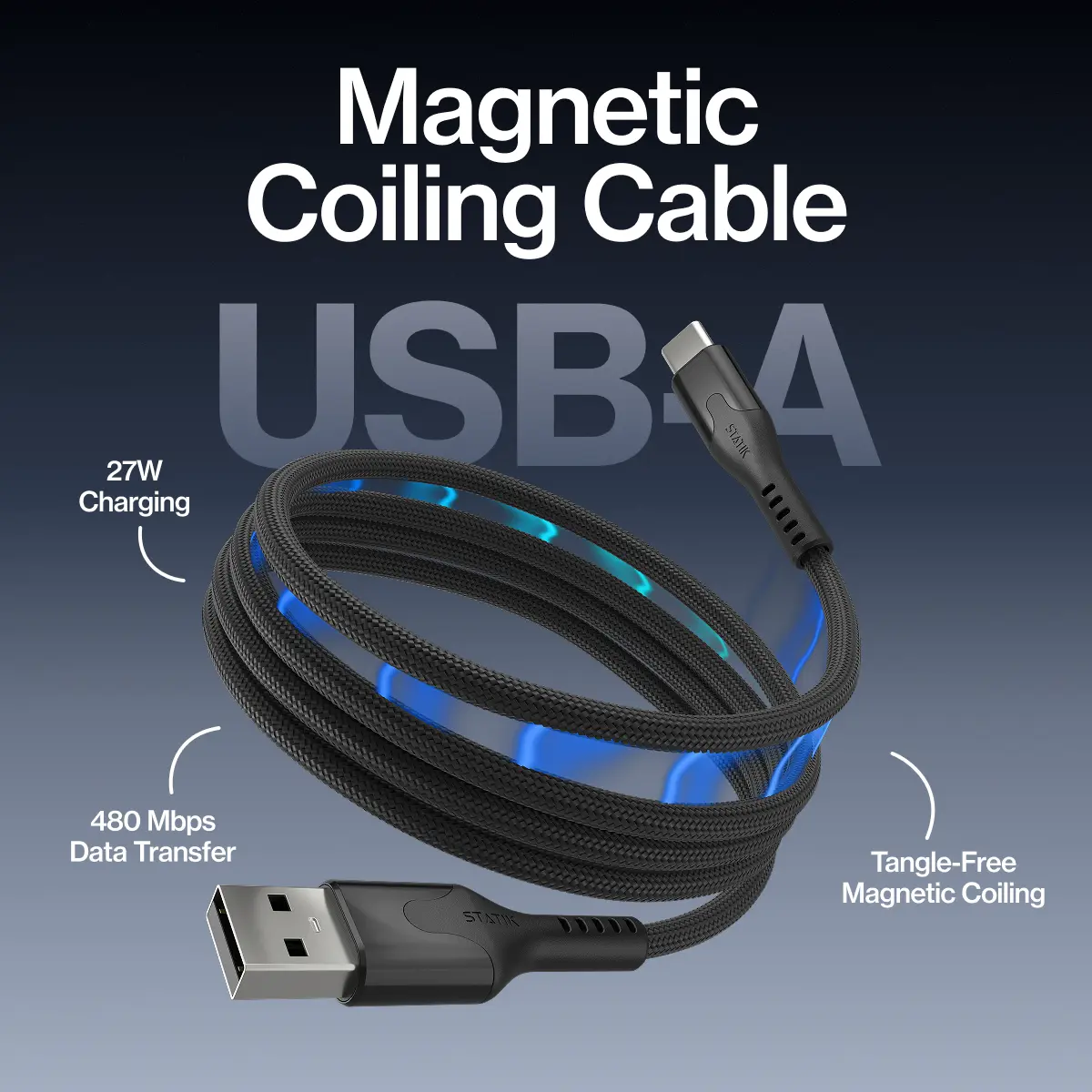 STATIK MagStack USB-A: Magnetic Tangle-Free Cable for Laptops Tablets & Phones | 27W Charging | 480 Mbps Data Transfer | Portable & Organizable Cellphone Smartphone Electronic (Not CarPlay Compatible)