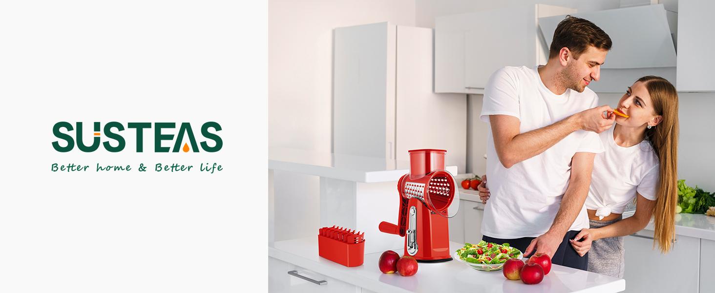 SUSTEAS Rotary Vegetable Chopper: 5 Blades, Powerful Suction Cup Base, Vegetable Grater Easy to use, efficient prep essential kitchen item Utensils Cutting Retro Green