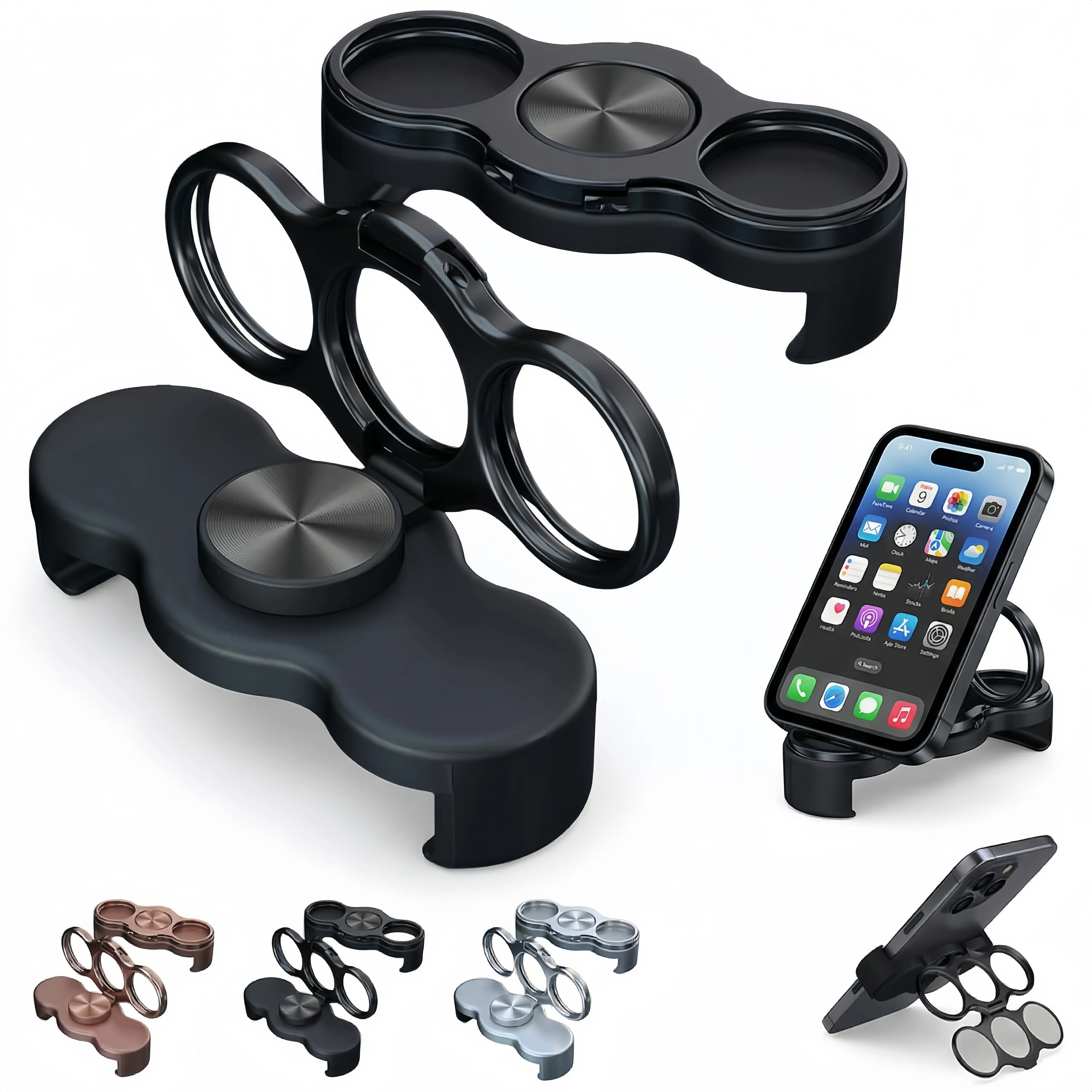 3-in-1 Cell Phone Ring Holder Stand, 360° Rotation 3-Finger Phone Grip Kickstand, Magnetic Car Mount Compatible, Foldable Desktop Stand for iPhone, Samsung, Android