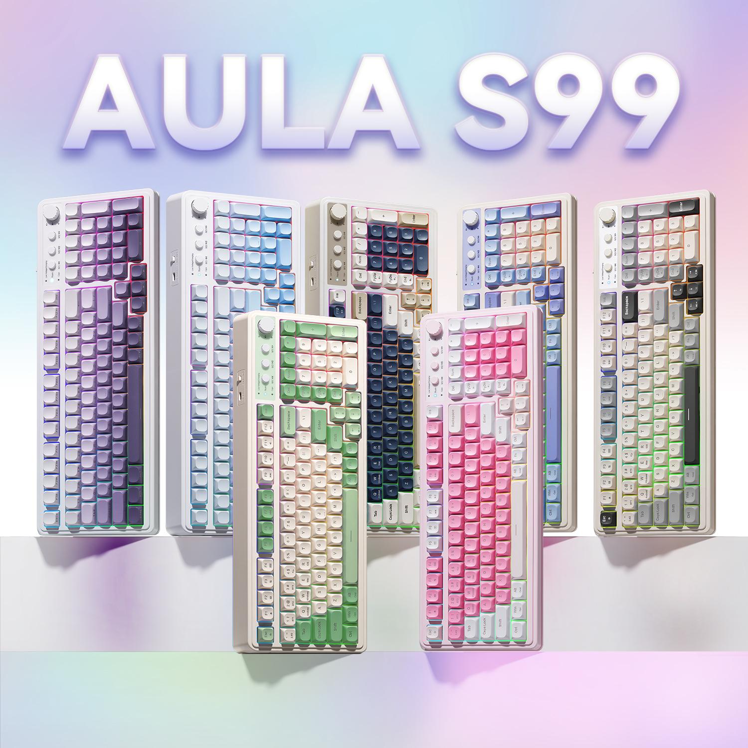 AULA S99 Key Keyboard,Tri-Mode Bluetooth 2.4GHz USB-C Gaming Keyboard with RGB Backlighting and Media Knob, 99 Keys with Number Pad, Cute Creamy Design for PC, MAC, Xbox - Ideal Gift for Gamers S99 Keyboard Fixed Keycaps & Switches (Non-Replaceable)