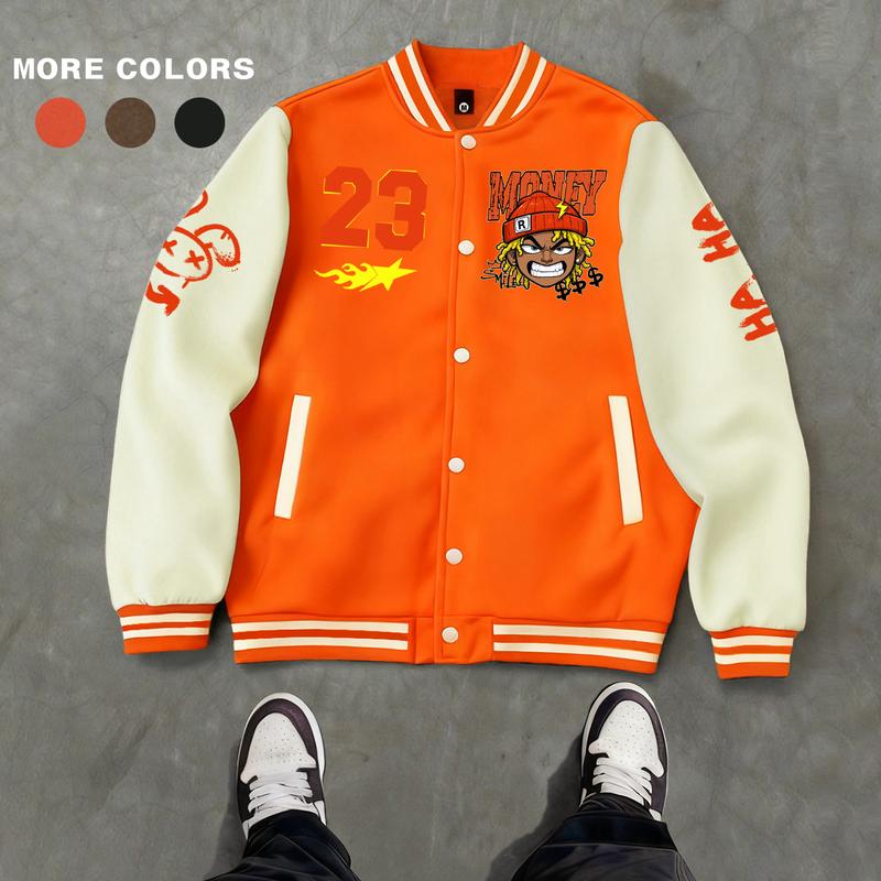 Men's Baseball Jacket Polyester Durable Wind-Resistant Orange & Apricot Colorblock Money, BOY, Rabbit, "$" Graphic Varsity Coat Y2K Vintage Retro Classic Old-School Casual Sports SWAG Streetwear Light Fleece-Lined Winter Jacket Trendy Gift for Boyfriend