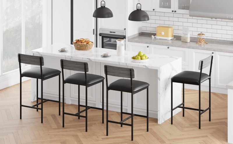 【GARVEE】 Set of 4 Industrial Bar Stools - 25.5" Upholstered Kitchen Counter Stools with Footrest & Back Support  Easy Assembly Design Sturdy Furniture Barstools for Kitchen Dining Home