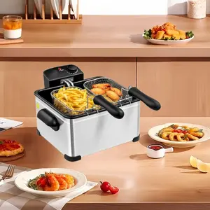 1400W 5L large electric frying pan with 3 frying baskets, adjustable temperature, observation window cover, stainless steel pot body on the countertop, very suitable for kitchen, household fried chicken, French fries, American standard three plug