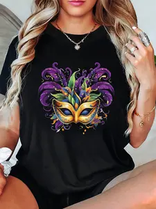 Unisex 100% Cotton Graphic T-Shirt - Short Sleeve Crew Neck, Comfortable Fashion Everyday Top, Mardi Gras Carnival Mask Print, Venetian Masquerade Outfit, Colorful Breathable for Spring Summer Events, Machine Washable