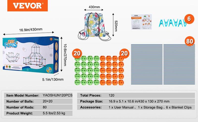 VEVOR Fort Building Kit, 140PCS Glow in The Dark Building Toys, Educational Gift for 4 5 6 7 8+ Year Old Boys & Girls Indoor Play Tent Construction Toys with 96 Rods and 44 Balls  Christmas gift
