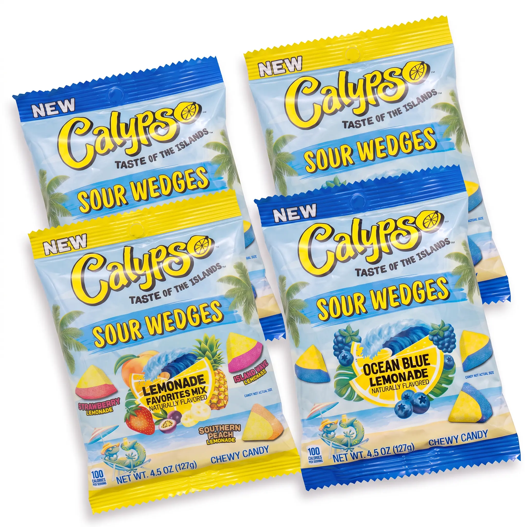 Calypso Sour Wedges Chewy Candy, 4 Pack, Choose Ocean Blue Lemonade, Lemonade Favorites Mix or Variety Pack, 4.5 oz Bags