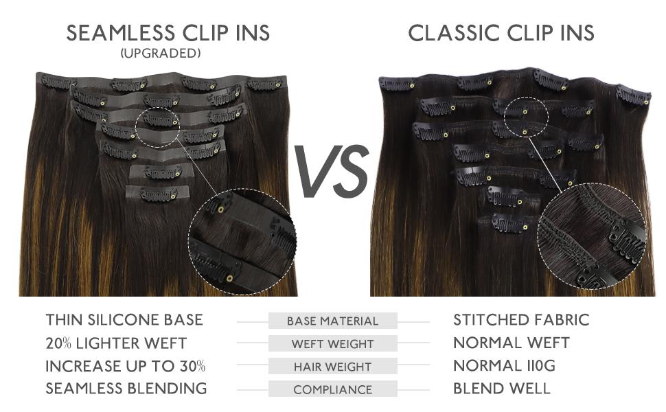 WENNALIFE 7pcs Seamless Clip In Hair Extensions 130g to 150g 14in-22in Dark Brown Balayage Remy Extensions Clip ins Natural Human Hair