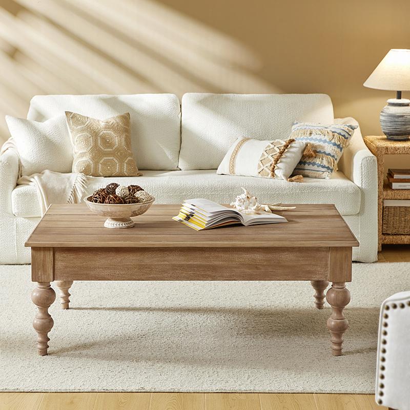 Hulala Cynthia Lift Top 4 Legs Coffee Table with Storage, traditional and farmhouse, traditional, rustic and distressed finish, elegant spindle legs, pop-up mechanism, Solid Rubber Wood Legs, ample storage space, Coastal, French Country and Lodge Style