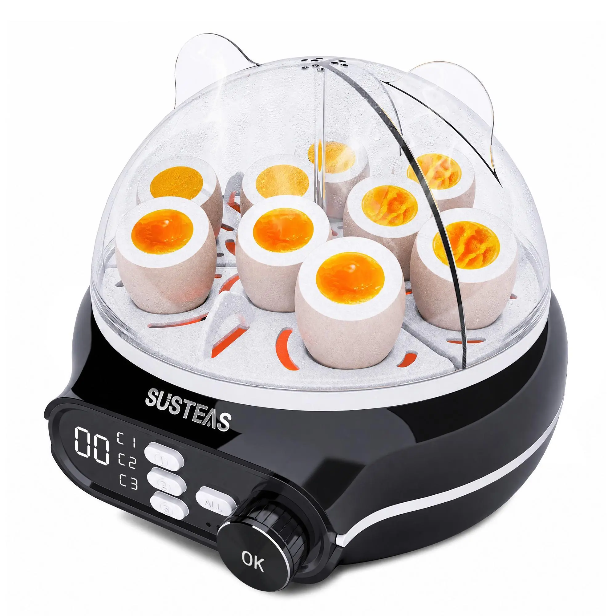 SUSTEAS Smart Electric Egg Cooker, 9-Egg Capacity with 3 Independent Cooking Zones, Soft/Medium/Hard Doneness Settings, 24-Hour Preset Timer, Energy-Saving Zone Control, Room-Temp & Refrigerated Egg Modes, Voice Alerts, Custard Tray Included