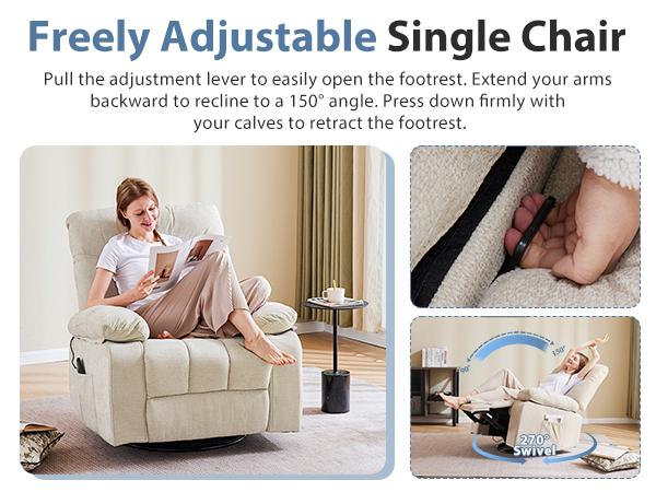 Rocker Recliner Chair, Swivel Recliner with Vibration Massage & Lumbar Heating, 270° Rotating Chenille Fabric Recliner with footrest for Living Room & Bedroom Rocker Recliner Chair, Swivel Recliner with Vibration Massage & Lumbar Heating, 270° Rotating Chenille Fabric Recliner with footrest for Living Room & Bedroom