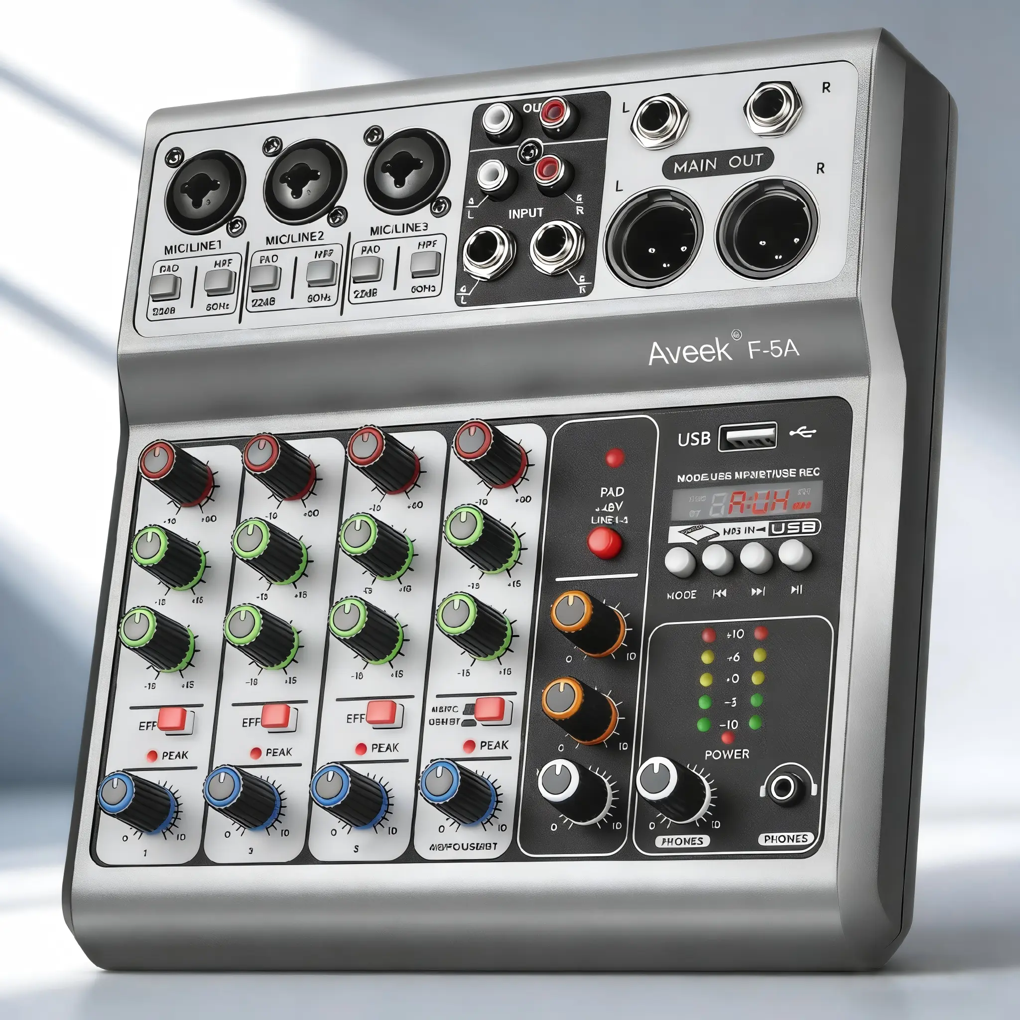 veek Professional 5-Channel Stereo Audio Mixer Sound Board - Digital USB, Bluetooth, Echo Delay Effect, 48V Phantom Power Input, Plug & Play Noise-Reducing Device for Recording, Live Streaming, Father's Day Gift