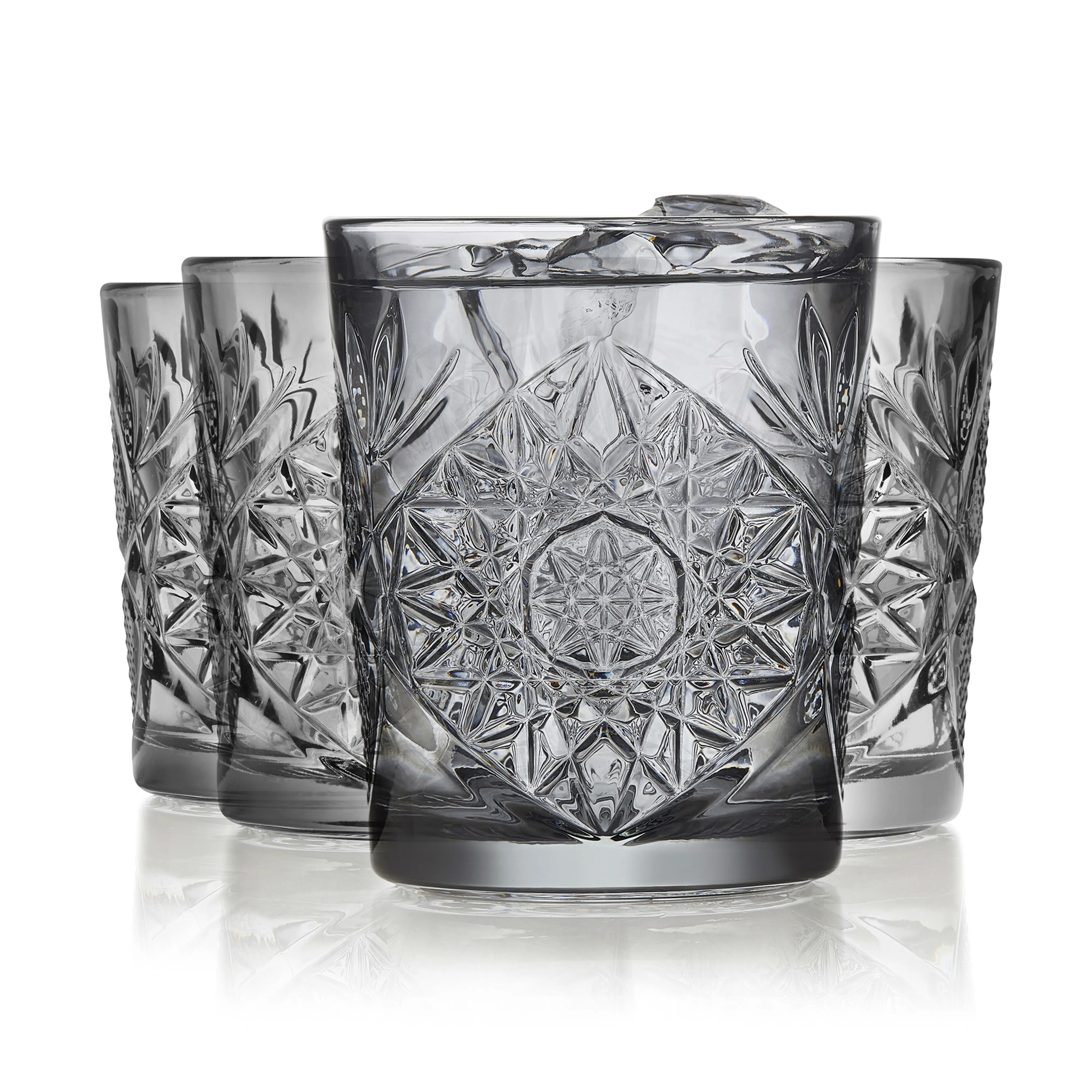 Libbey Hobstar Double Old Fashioned Glasses, Smoke Colored Cut Glass Drinking Glasses Set of 4, Durable, Vintage Whiskey Glasses for Cocktail, Drinks