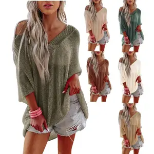 V-neck half sleeved loose summer sweater and lightweight knitted shirt pullover beach top casual women's clothing chic daily chic daily summer clothing church clothing plus size top knitted style pleated polyester summer clothing basic top