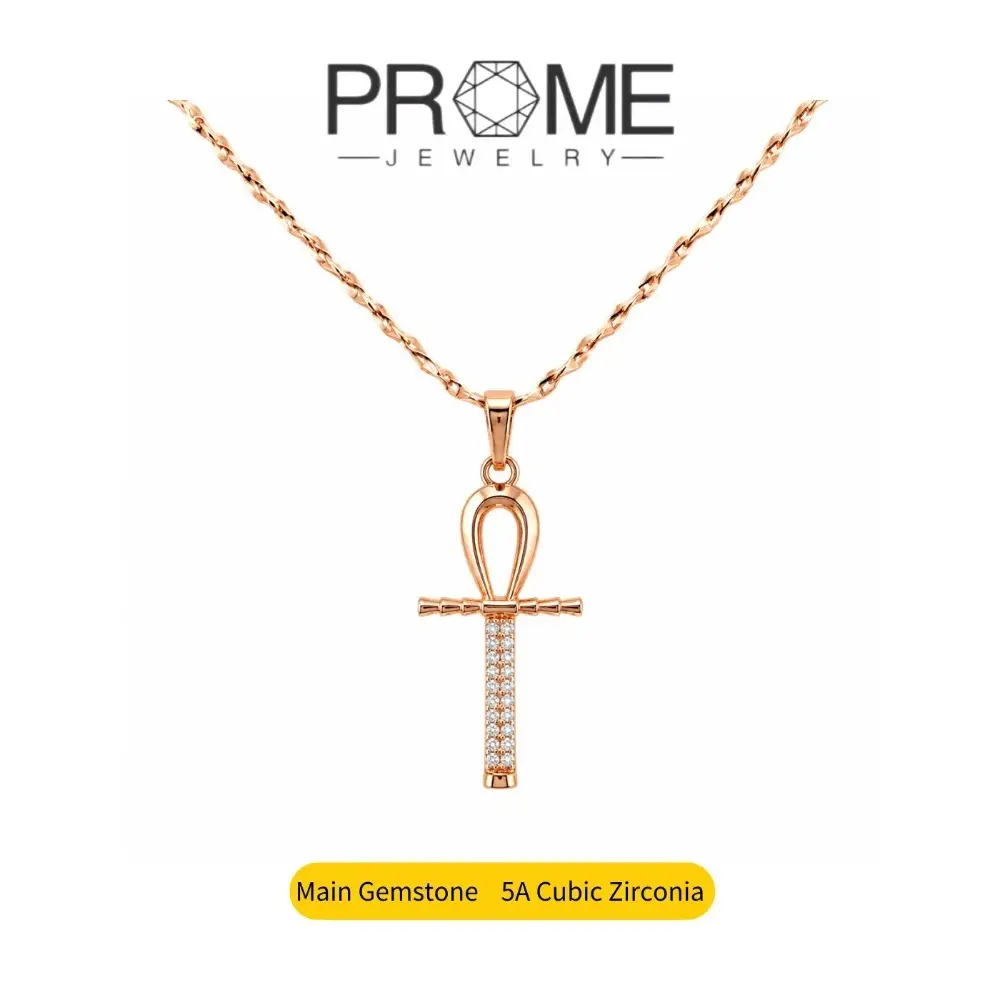 (CN088) Unisex Iced Out Ankh Pendant Necklace - 5A Hand-Paved Cubic Zirconia, High-Quality Copper Base, 18-Inch Chain, Casual Daily Wear, Anniversary Gift Jewelry, Hand-Paved Stones