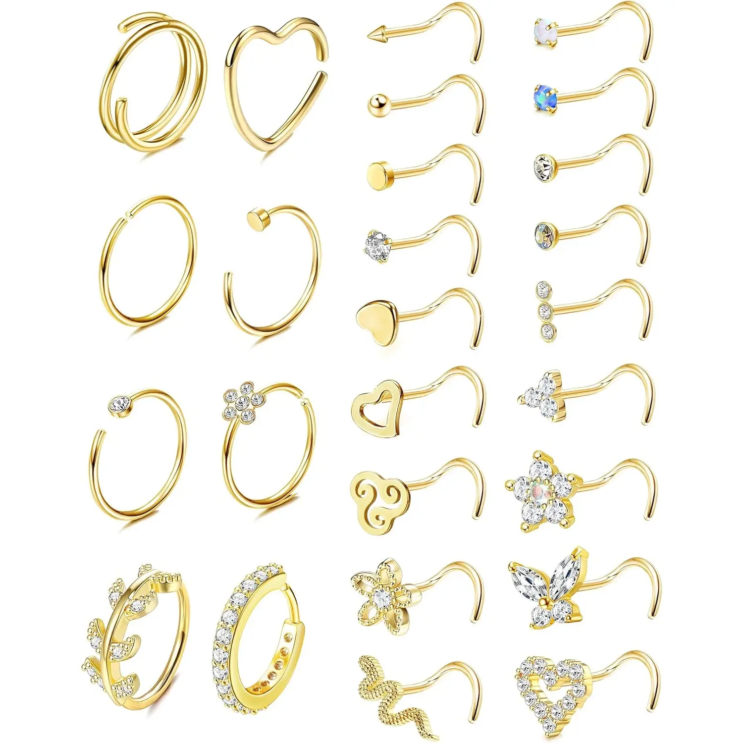 Milacolato 26-Pcs Surgical Steel Nose Piercings Kit and Septum Jewelry, Shiny 20G Studs & Hoops with Butterfly, Snake & Geometric Shapes, Gold & Silver, Bling Effect, Cubic Zirconia, Female, 316L, 2 Shapes, Everyday, Butterfly & Star Fun, Snake‑Flower Mot
