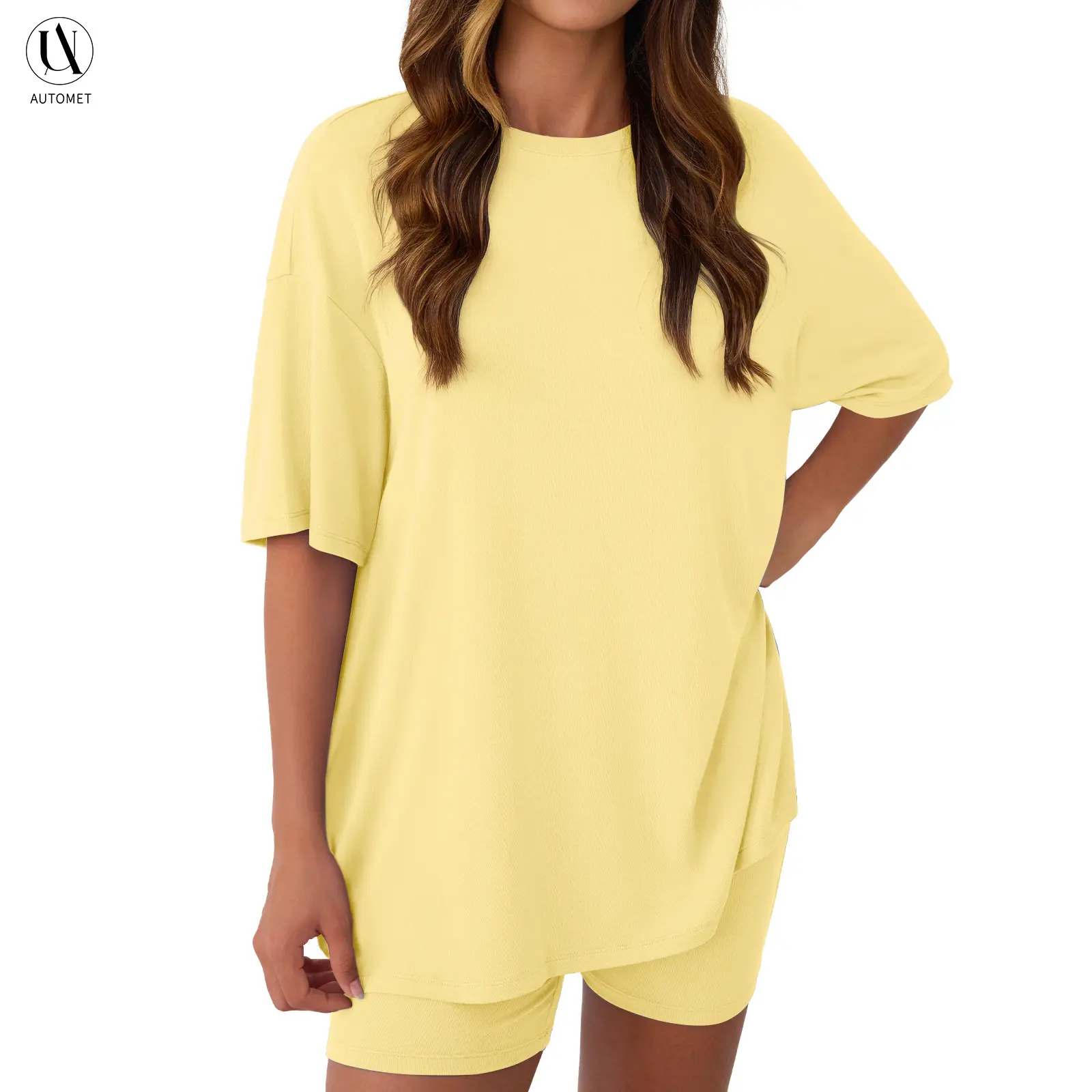 AUTOMET Women's 2-Piece Matching Set, 2026 Summer Minimalist Basic Round Neck Oversized Loose Baggy Casual Shirt & Biker Shorts, Women's Clothes Outfits, 2 Piece Sets, Women 2 Piece Sets