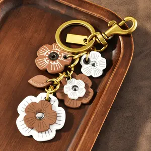 Vintage Flower Bag Charm Keychain for Women, PU Leather & Alloy Spiked Stud Purse Charm, Gold Key Ring Accessory