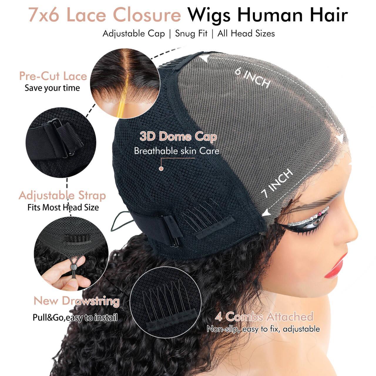 [Glueless] STERLY Burmese Curly Wig Natural Black Deep Wave 200% Density 99J Burgundy 7x6 Glueless Body Wave Wig with Drawstring Burmese Curly One-Step Glueless Wig 100% Human Hair Wig Natural Color Kinky Curly Ready to Wear Wig