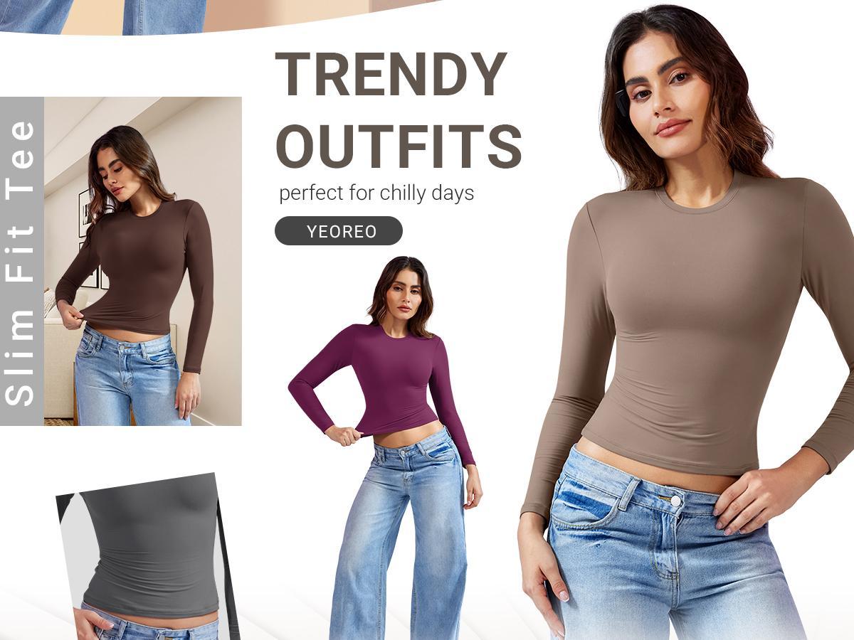 YEOREO Long Sleeve Shirts for Women y2k Tops Double Lined Basic Tee Crew Neck Sweeney Workout Undershirt