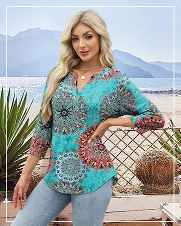 WIHOLL Womens Tops 3/4 Sleeve Heley Shirts for Women Summer Fashion 2025 Blouses Beach Vacation Clothes SpringStatements